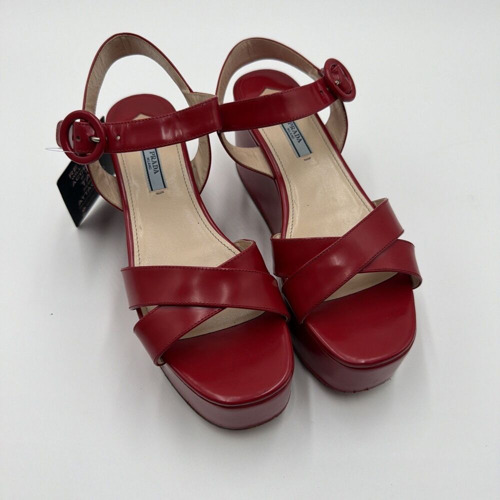 PRADA Red Leather Crisscross Ankle Strap Platform Wedge Sandals Size 38.5 / 8.5